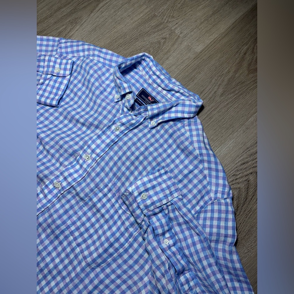 Vineyard Vines Classic Fit Linen Murray Shirt Mens L Blue Purple Plaid Whale